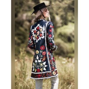RARE Vintage Rubyyaya Embroidered Floral Navy Trench Coat Cottagecore